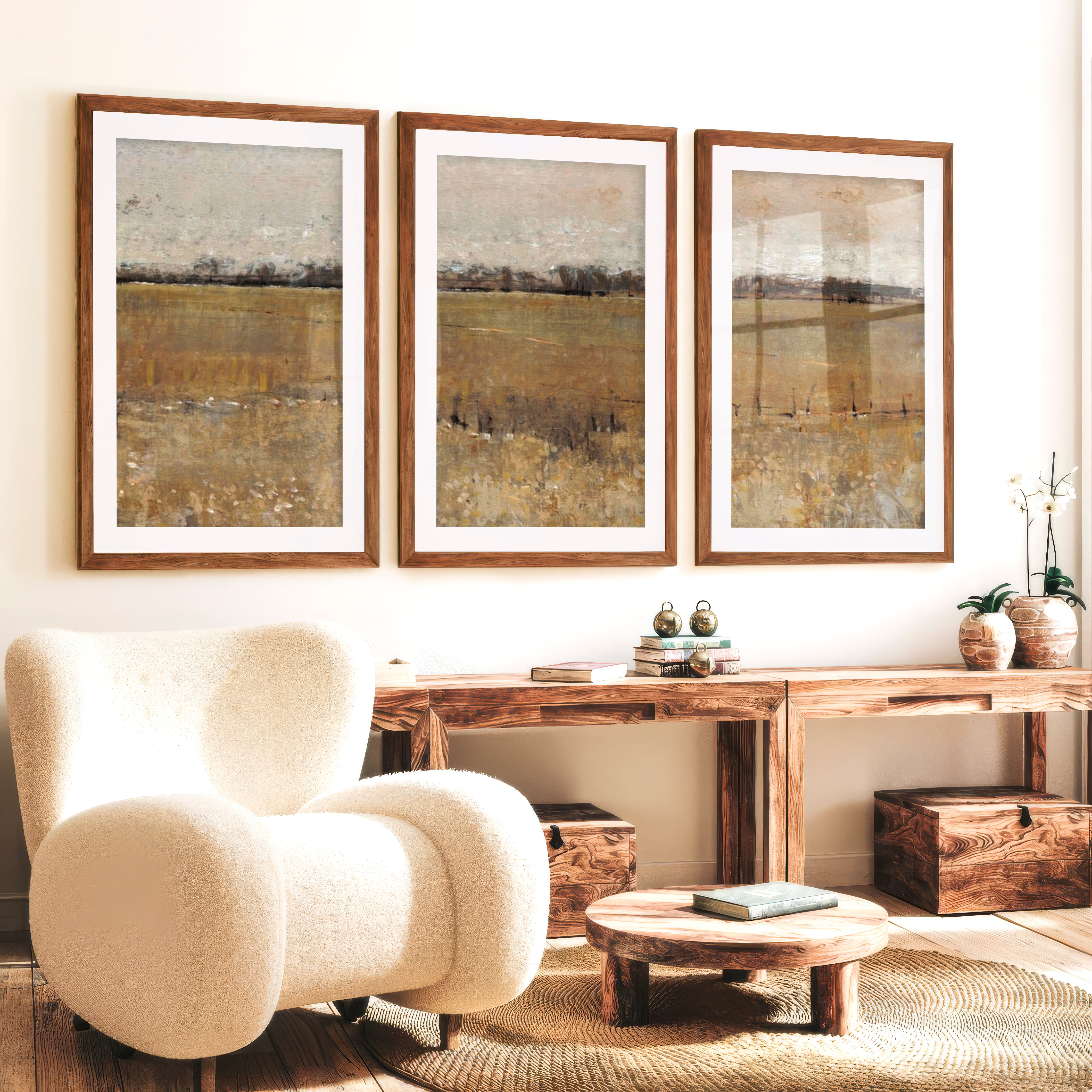 Abstract Wall Painting – Neutral Landscape Art - Dark Brown Framed Poster with White Border - Artworksets