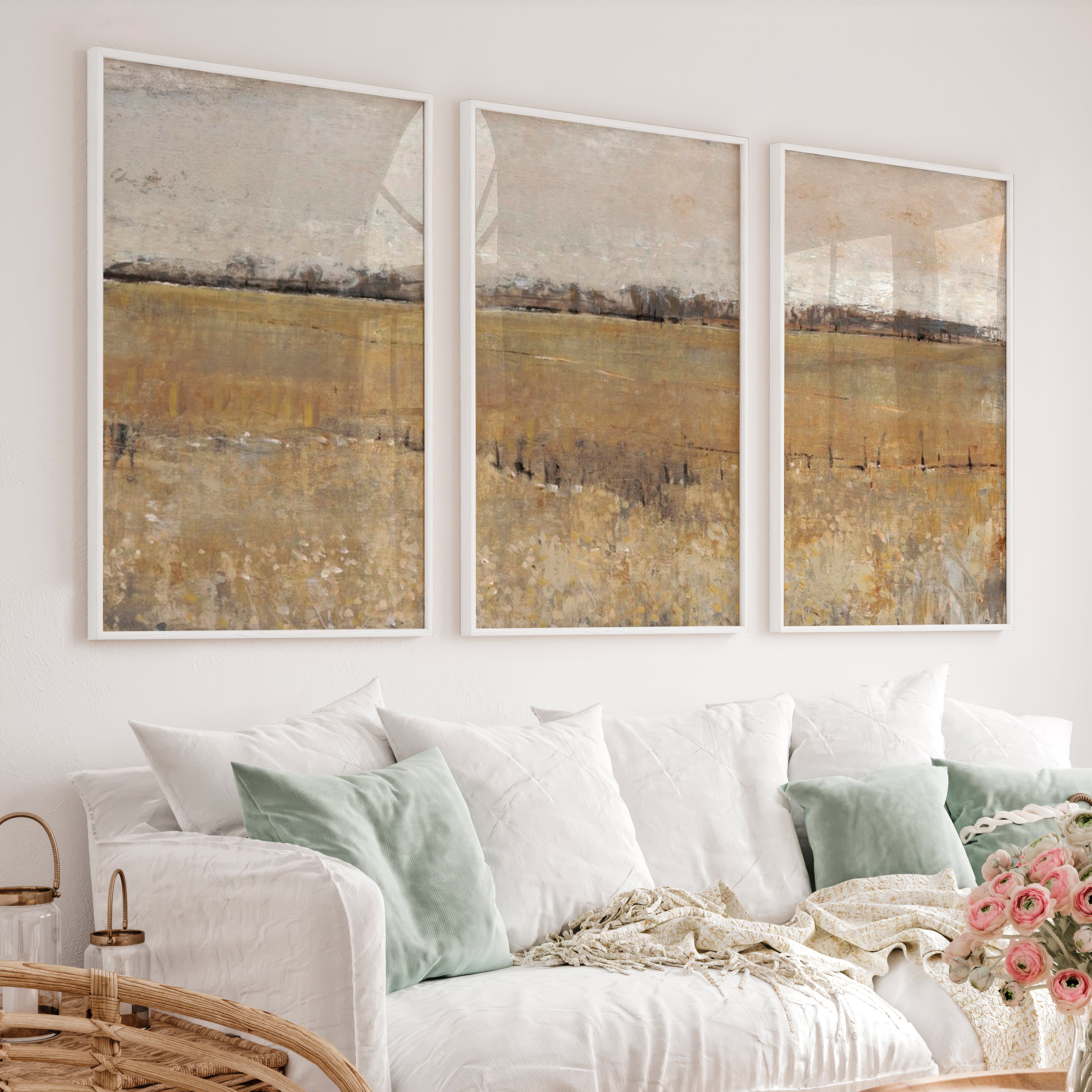 Abstract Wall Painting – Neutral Landscape Art - White Framed Poster No Border - Artworksets