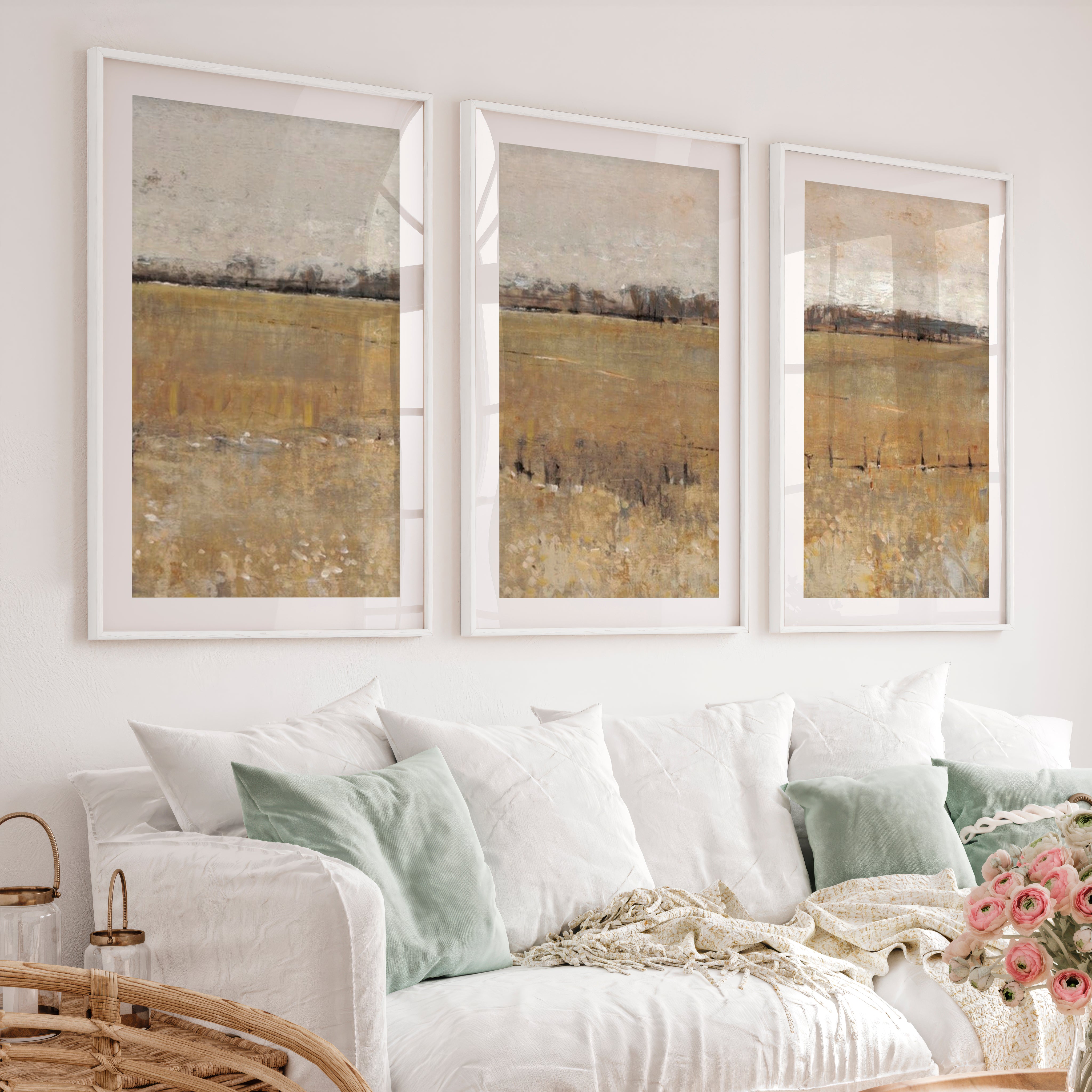 Abstract Wall Painting – Neutral Landscape Art - White Framed Poster with White Border - Artworksets