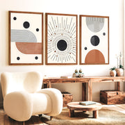 Abstract Watercolor Paintings Modern Geometric Set of 3 - Dark Brown Framed Poster No Border - Artworksets