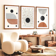 Abstract Watercolor Paintings Modern Geometric Set of 3 - Dark Brown Framed Poster with White Border - Artworksets
