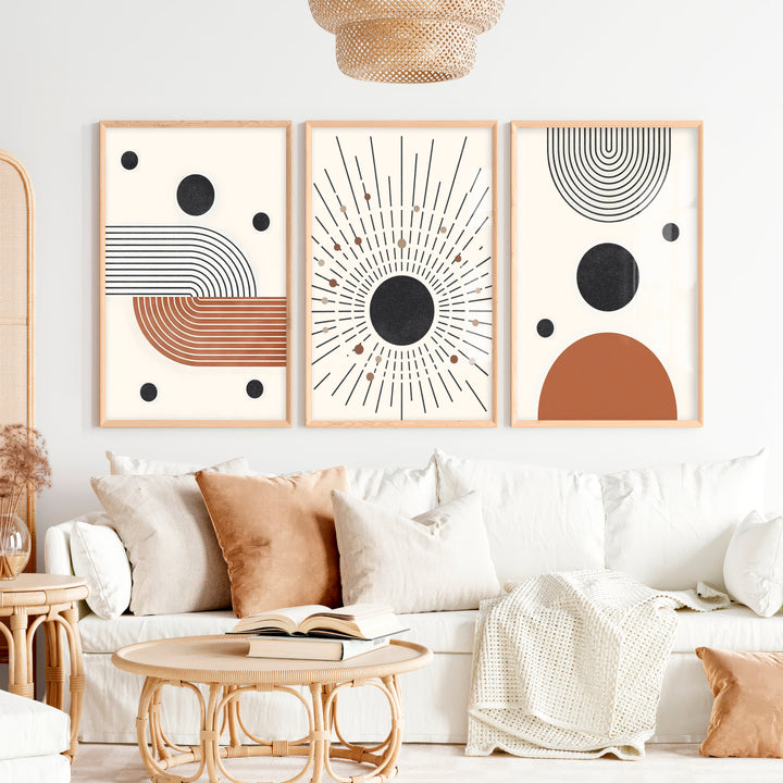 Abstract Watercolor Paintings Modern Geometric Set of 3 - Natural Wood Framed Poster No Border - Artworksets