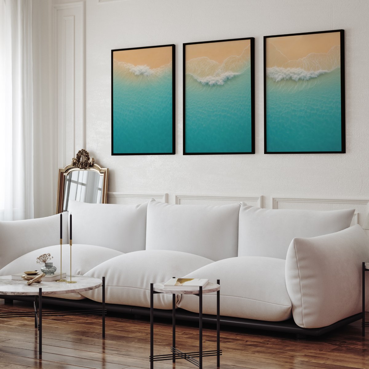 Aerial Beach Shoreline Triptych Wall Art – Minimal Ocean Waves - Black Framed Poster No Border - Artworksets