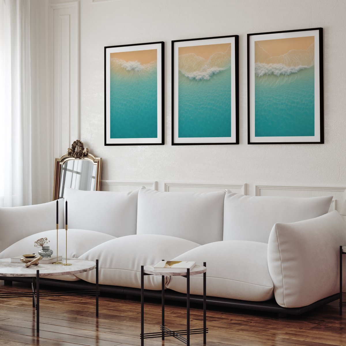 Aerial Beach Shoreline Triptych Wall Art – Minimal Ocean Waves - Black Framed Poster with White Border - Artworksets