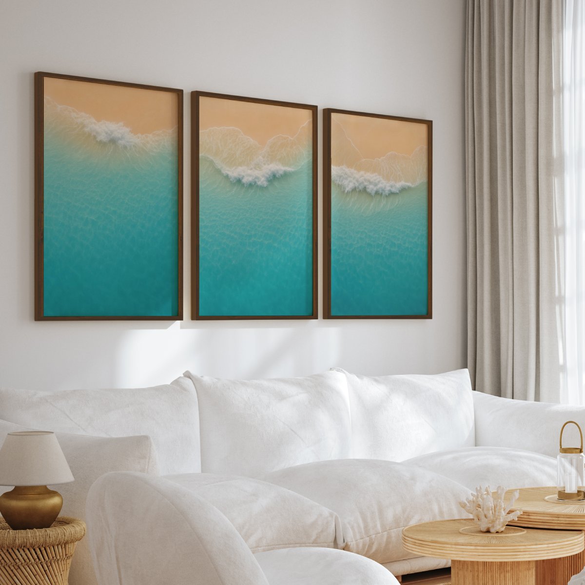 Aerial Beach Shoreline Triptych Wall Art – Minimal Ocean Waves - Dark Brown Framed Poster No Border - Artworksets
