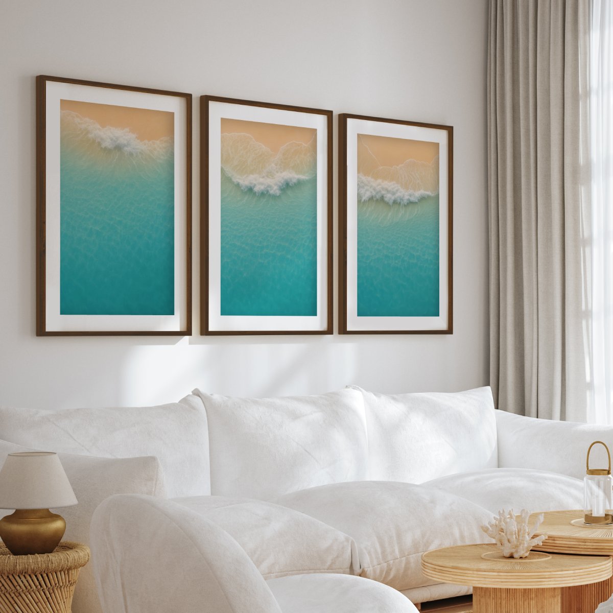 Aerial Beach Shoreline Triptych Wall Art – Minimal Ocean Waves - Dark Brown Framed Poster with White Border - Artworksets