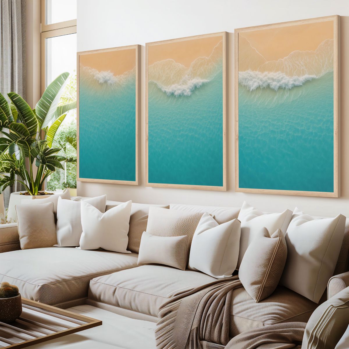 Aerial Beach Shoreline Triptych Wall Art – Minimal Ocean Waves - Natural Wood Framed Poster No Border - Artworksets