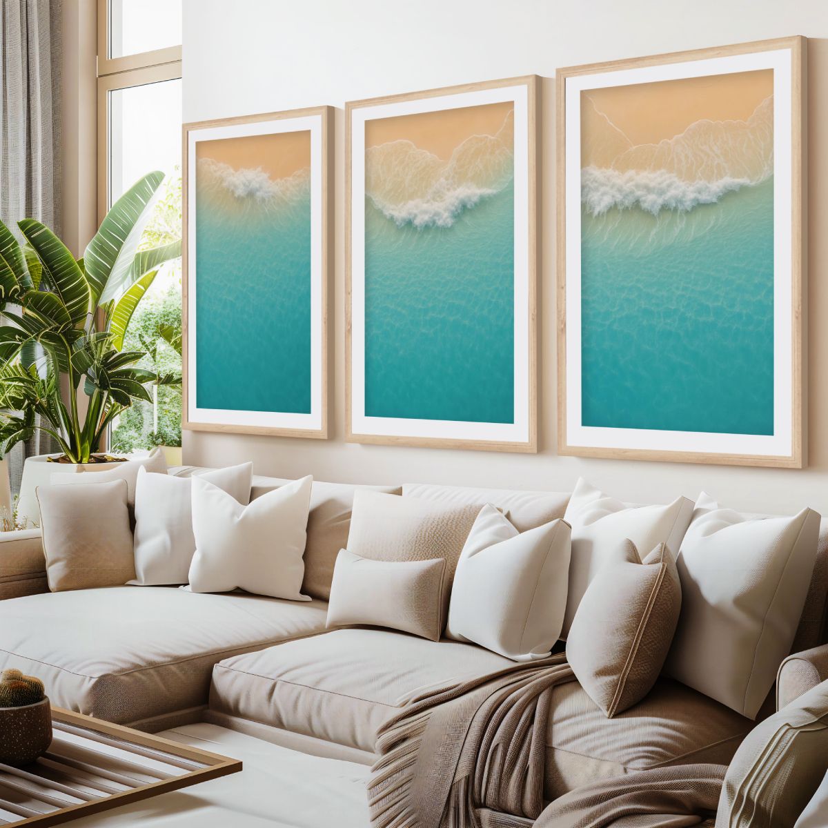 Aerial Beach Shoreline Triptych Wall Art – Minimal Ocean Waves- Natural Wood Framed Poster with White Border - Artworksets