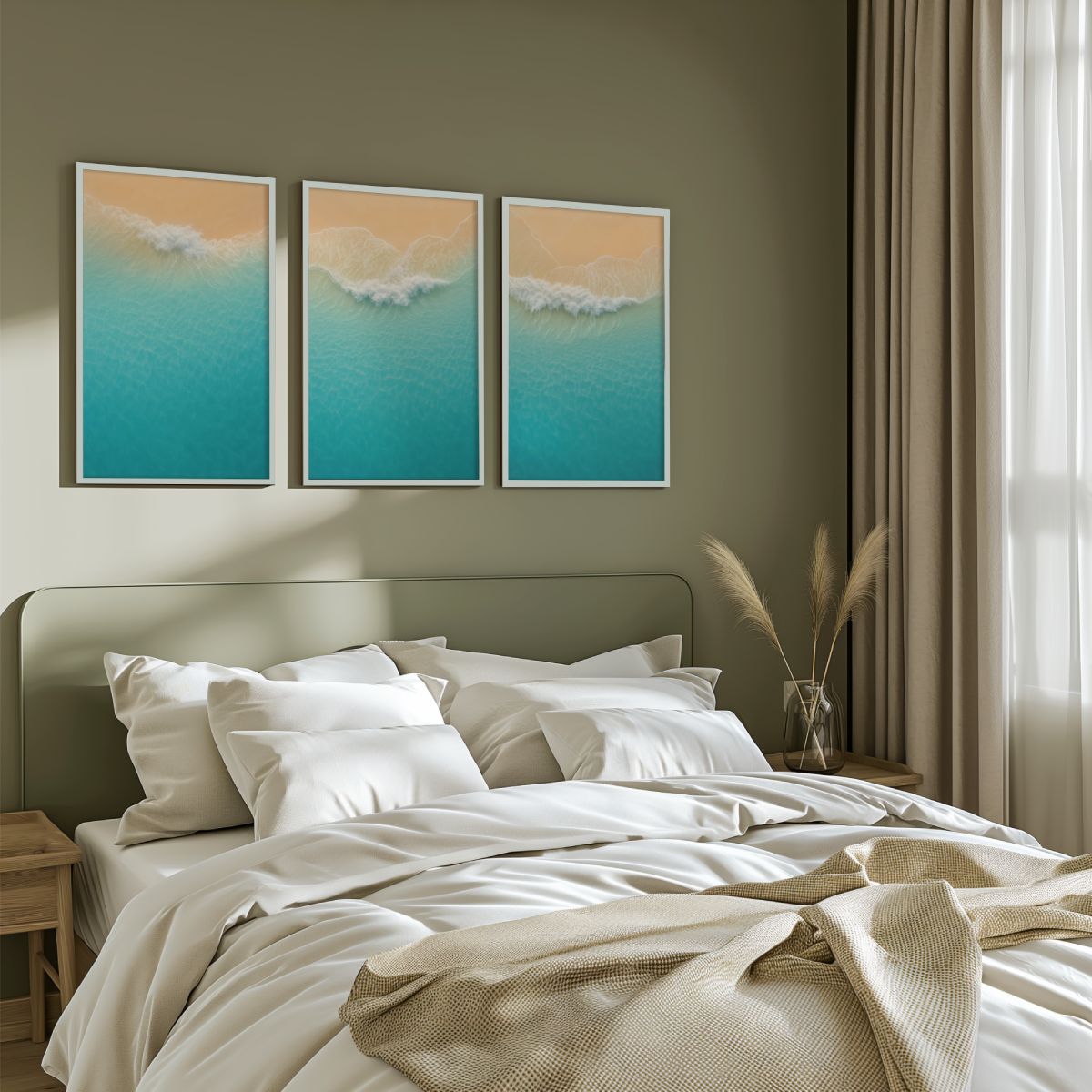 Aerial Beach Shoreline Triptych Wall Art – Minimal Ocean Waves - White Framed Poster No Border - Artworksets