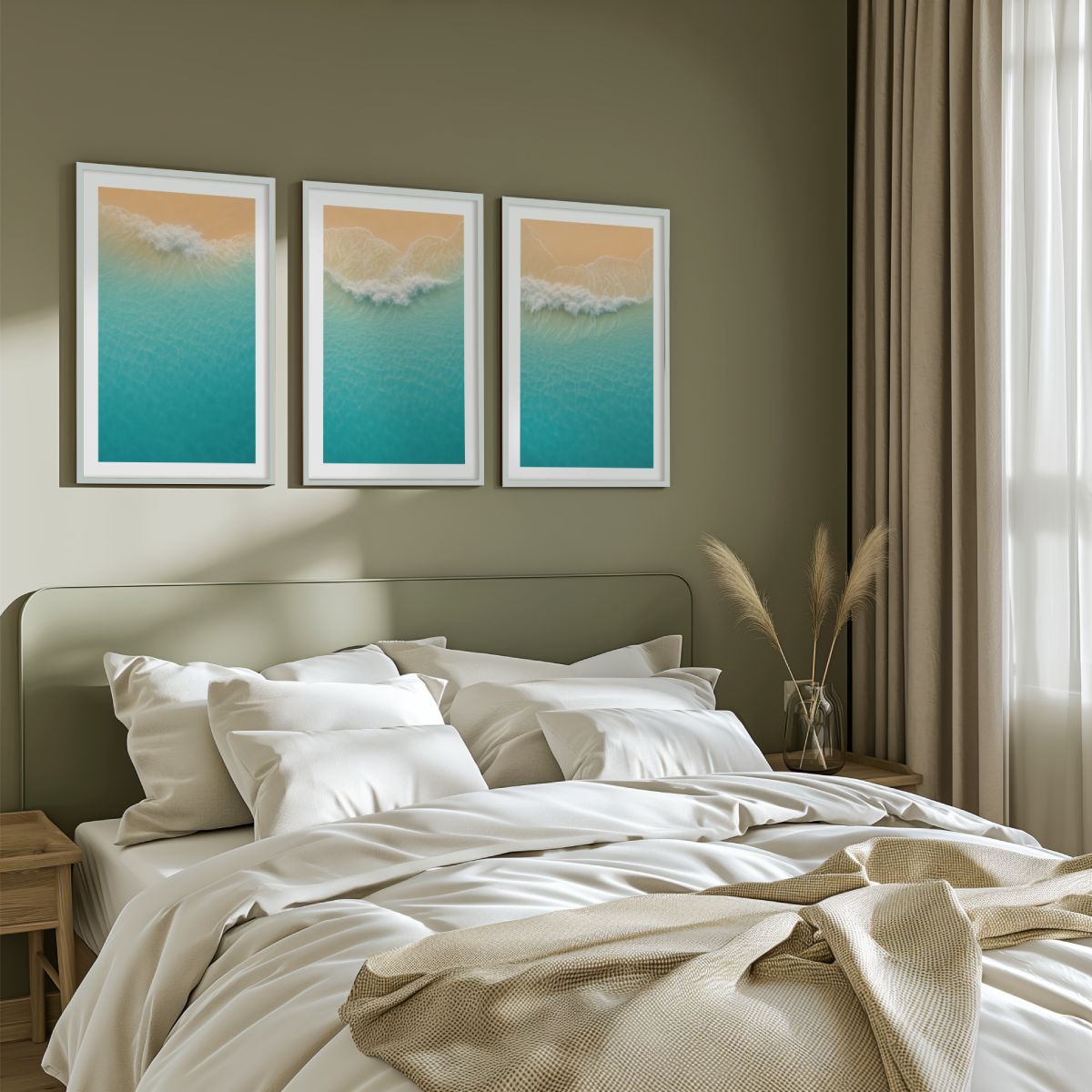 Aerial Beach Shoreline Triptych Wall Art – Minimal Ocean Waves - White Framed Poster with White Border - Artworksets