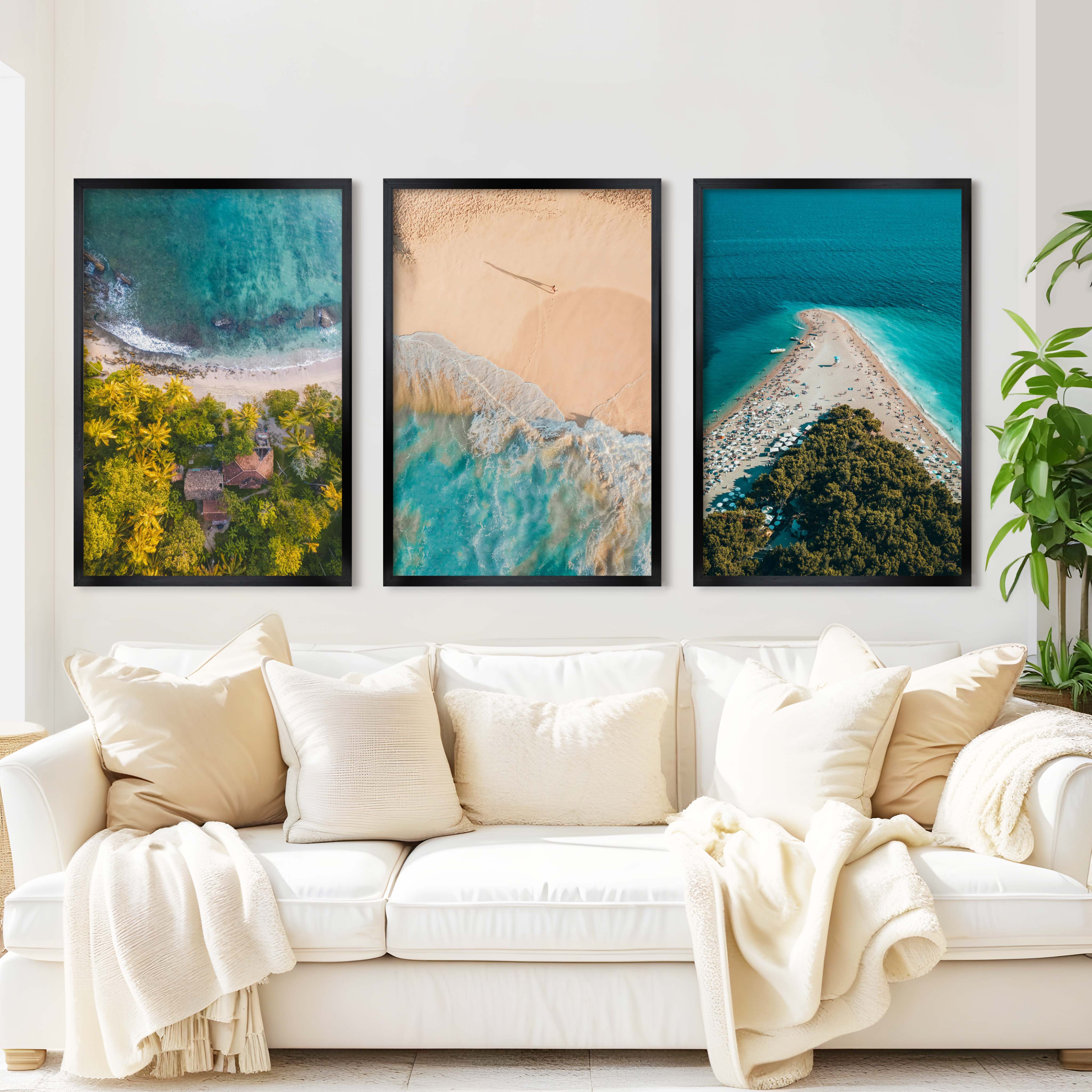 Aerial Coastal Wall Art Set – Ocean, Trees, and Beach Patterns - Black Framed Poster No Border - Artworksets