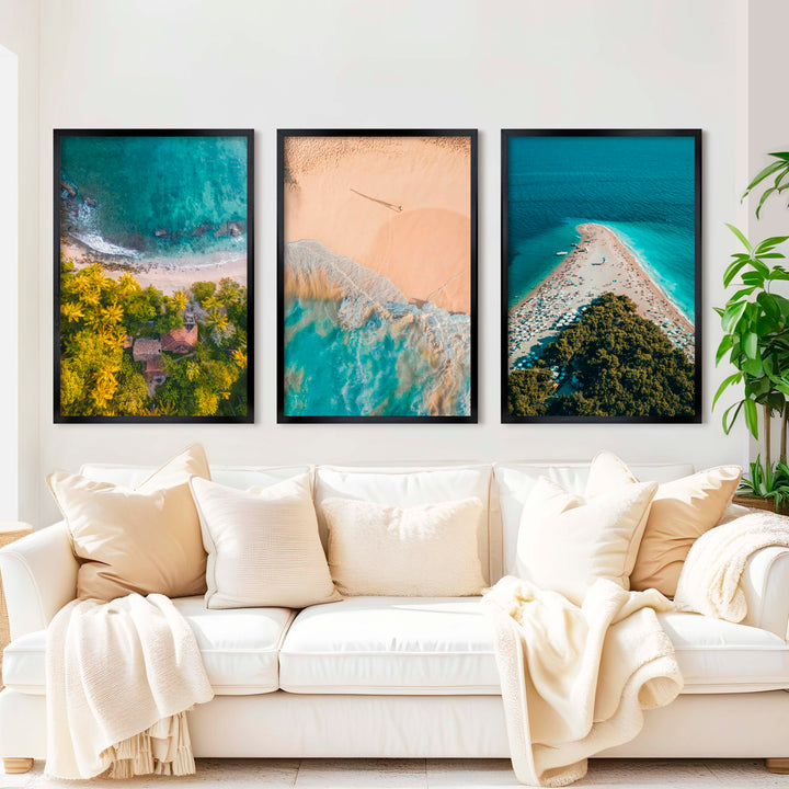 Aerial Coastal Wall Art Set – Ocean, Trees, and Beach Patterns - Black Framed Poster No Border - Artworksets