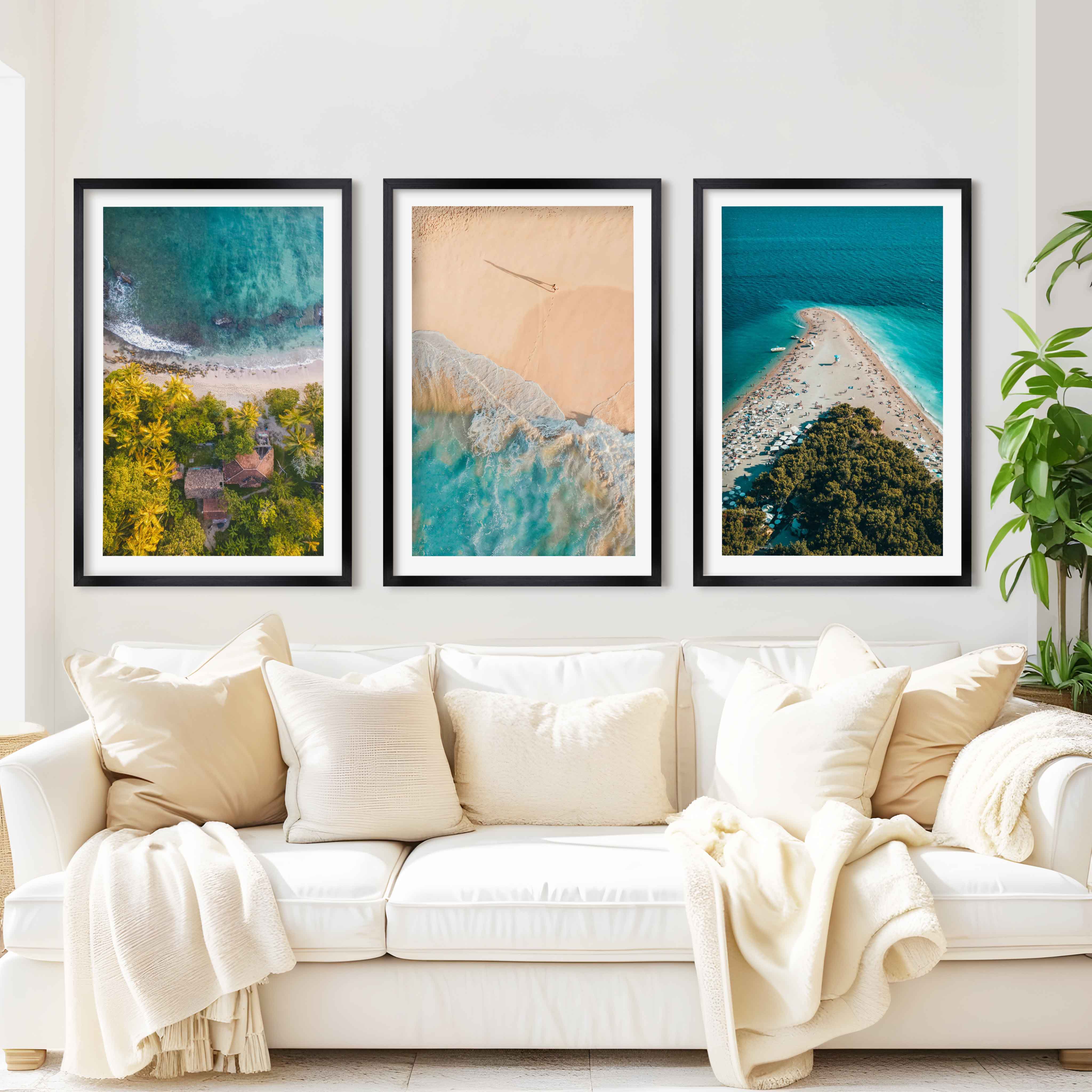 Aerial Coastal Wall Art Set – Ocean, Trees, and Beach Patterns - Black Framed Poster with White Border - Artworksets