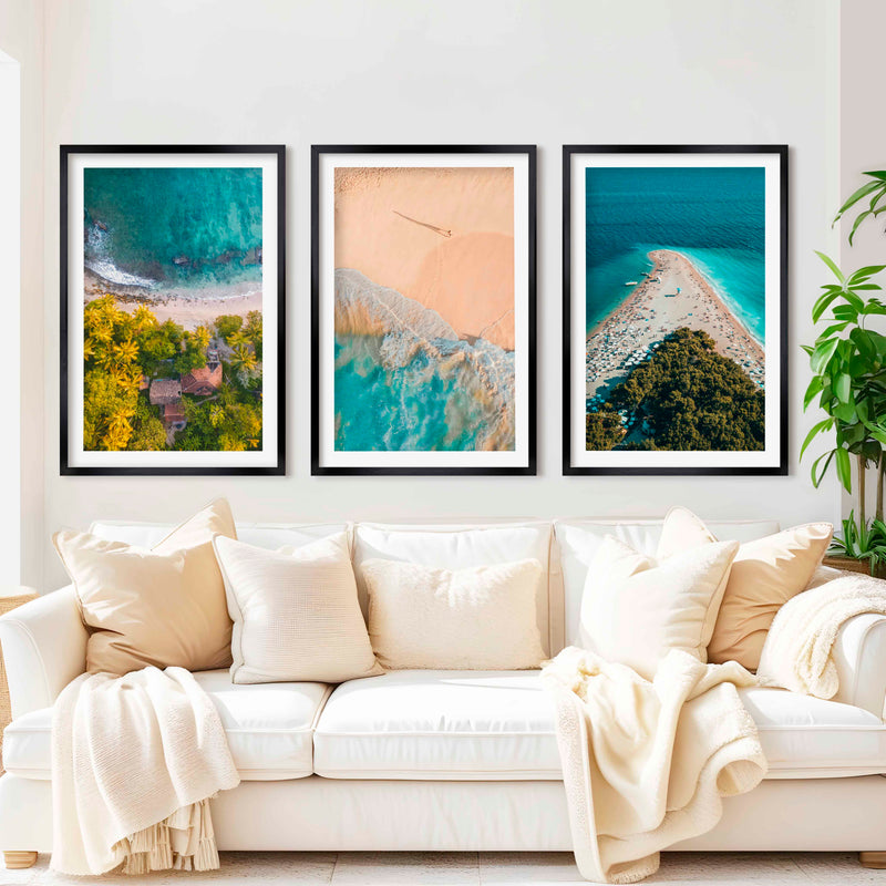 Aerial Coastal Wall Art Set – Ocean, Trees, and Beach Patterns - Black Framed Poster with White Border - Artworksets