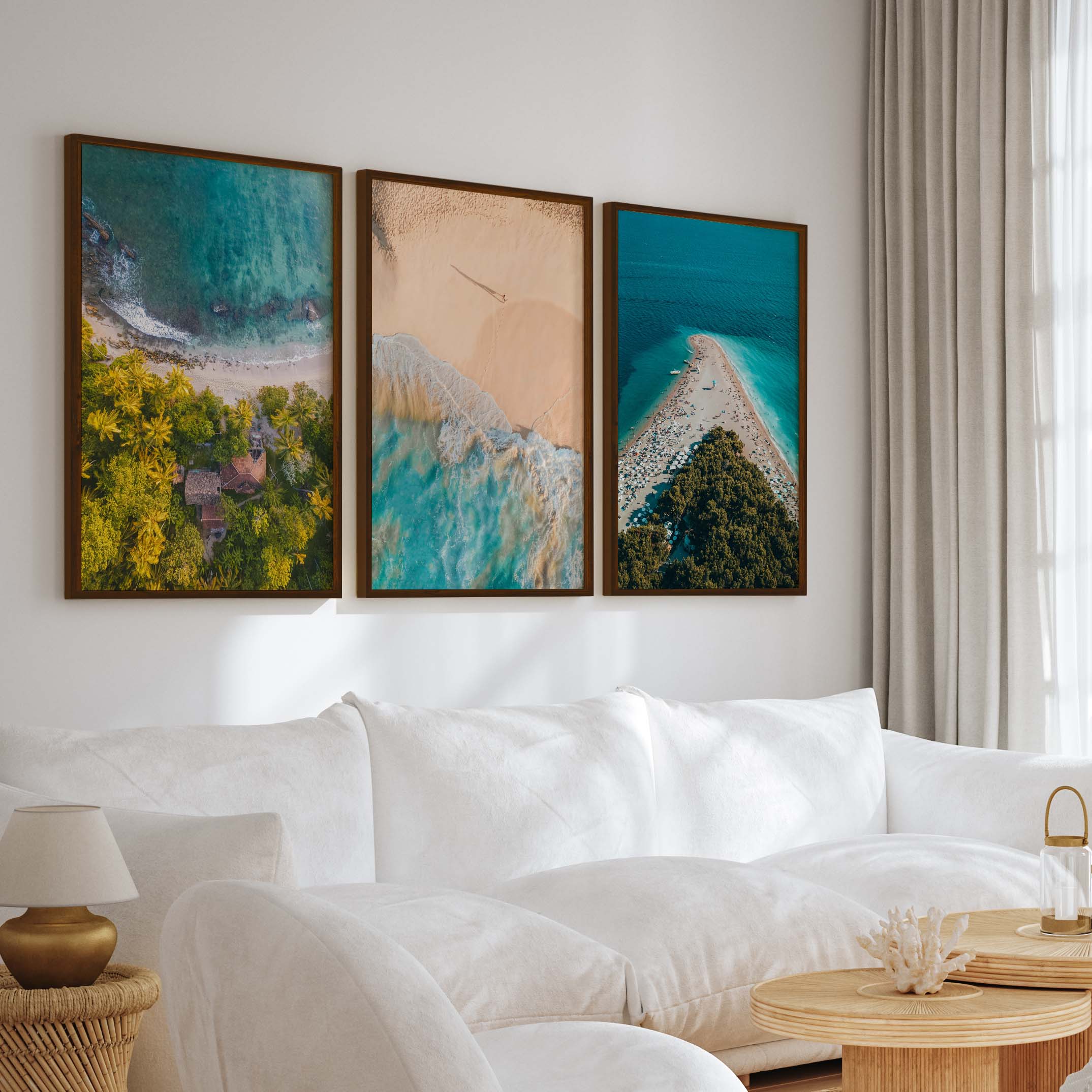 Aerial Coastal Wall Art Set – Ocean, Trees, and Beach Patterns - Dark Brown Framed Poster No Border - Artworksets