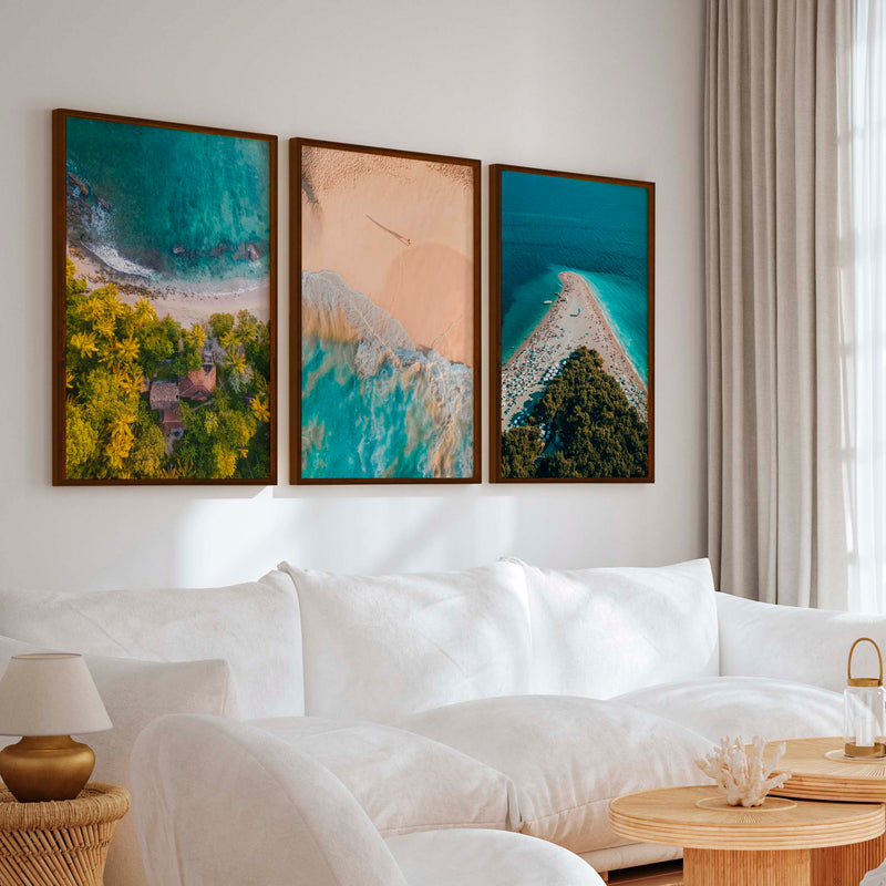 Aerial Coastal Wall Art Set – Ocean, Trees, and Beach Patterns - Dark Brown Framed Poster No Border - Artworksets