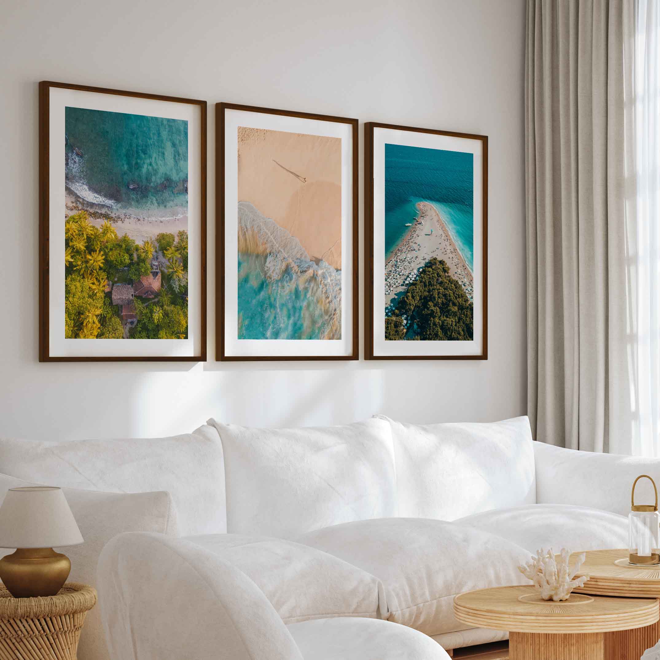 Aerial Coastal Wall Art Set – Ocean, Trees, and Beach Patterns - Dark Brown Framed Poster with White Border - Artworksets