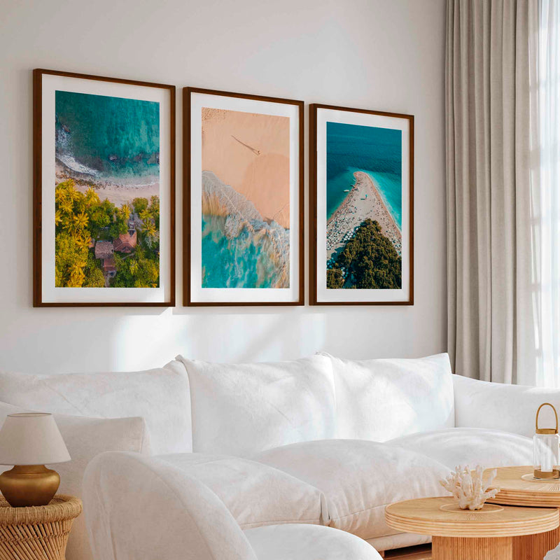 Aerial Coastal Wall Art Set – Ocean, Trees, and Beach Patterns - Dark Brown Framed Poster with White Border - Artworksets