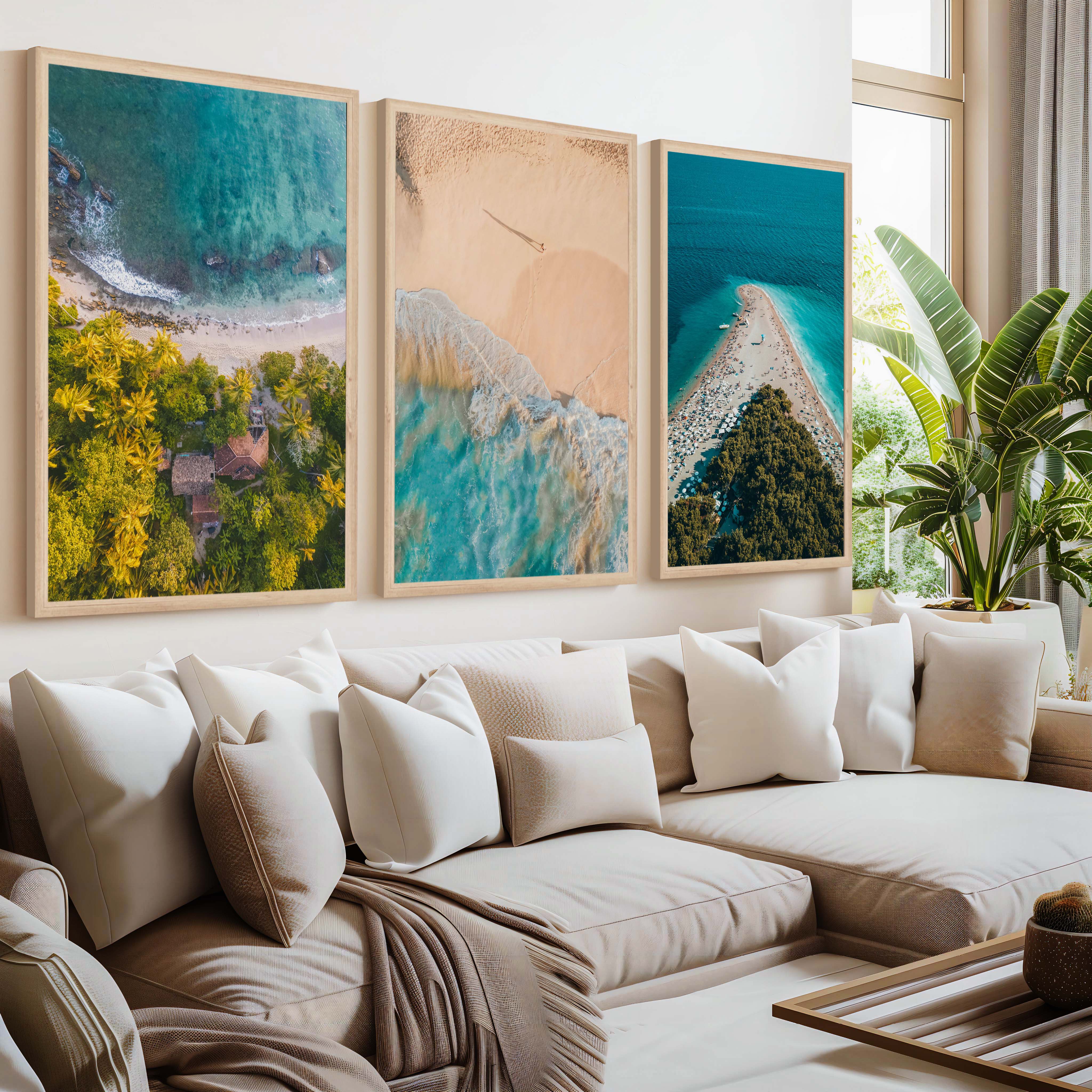 Aerial Coastal Wall Art Set – Ocean, Trees, and Beach Patterns - Natural Wood Framed Poster No Border - Artworksets