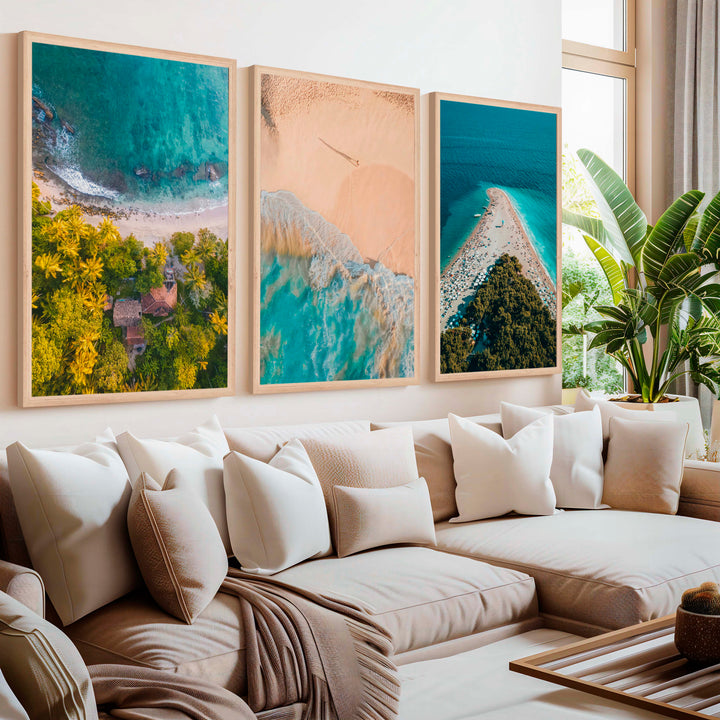 Aerial Coastal Wall Art Set – Ocean, Trees, and Beach Patterns - Natural Wood Framed Poster No Border - Artworksets