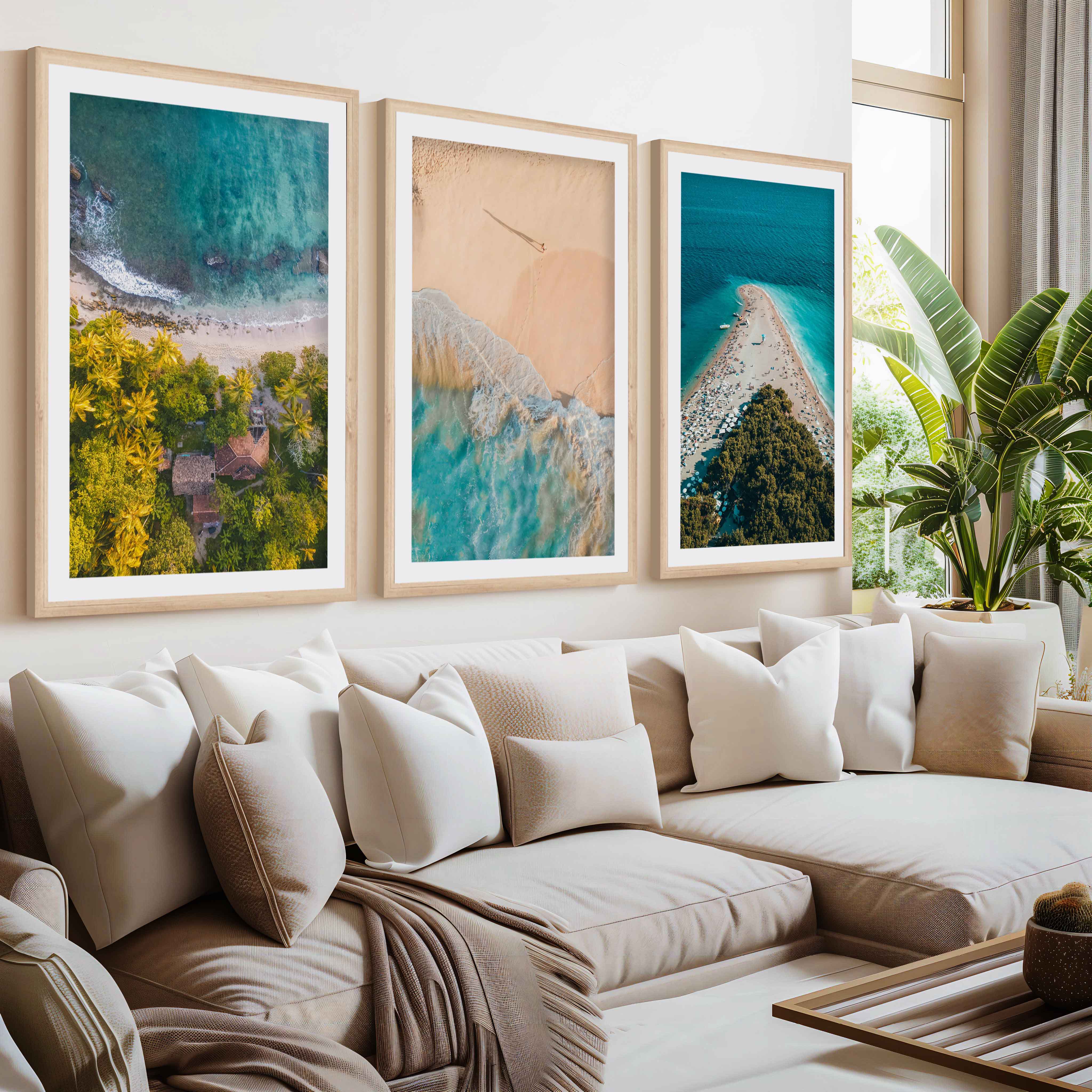 Aerial Coastal Wall Art Set – Ocean, Trees, and Beach Patterns- Natural Wood Framed Poster with White Border - Artworksets