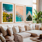 Aerial Coastal Wall Art Set – Ocean, Trees, and Beach Patterns- Natural Wood Framed Poster with White Border - Artworksets