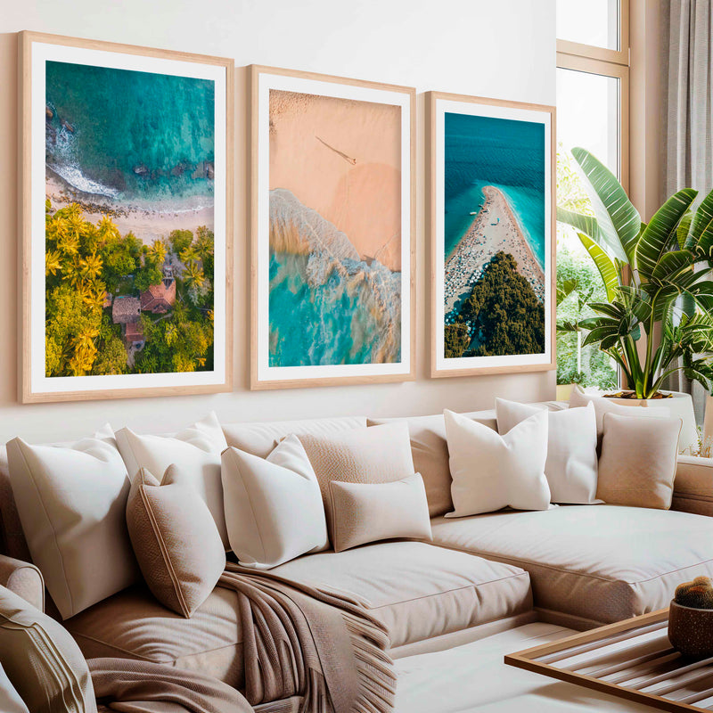 Aerial Coastal Wall Art Set – Ocean, Trees, and Beach Patterns- Natural Wood Framed Poster with White Border - Artworksets