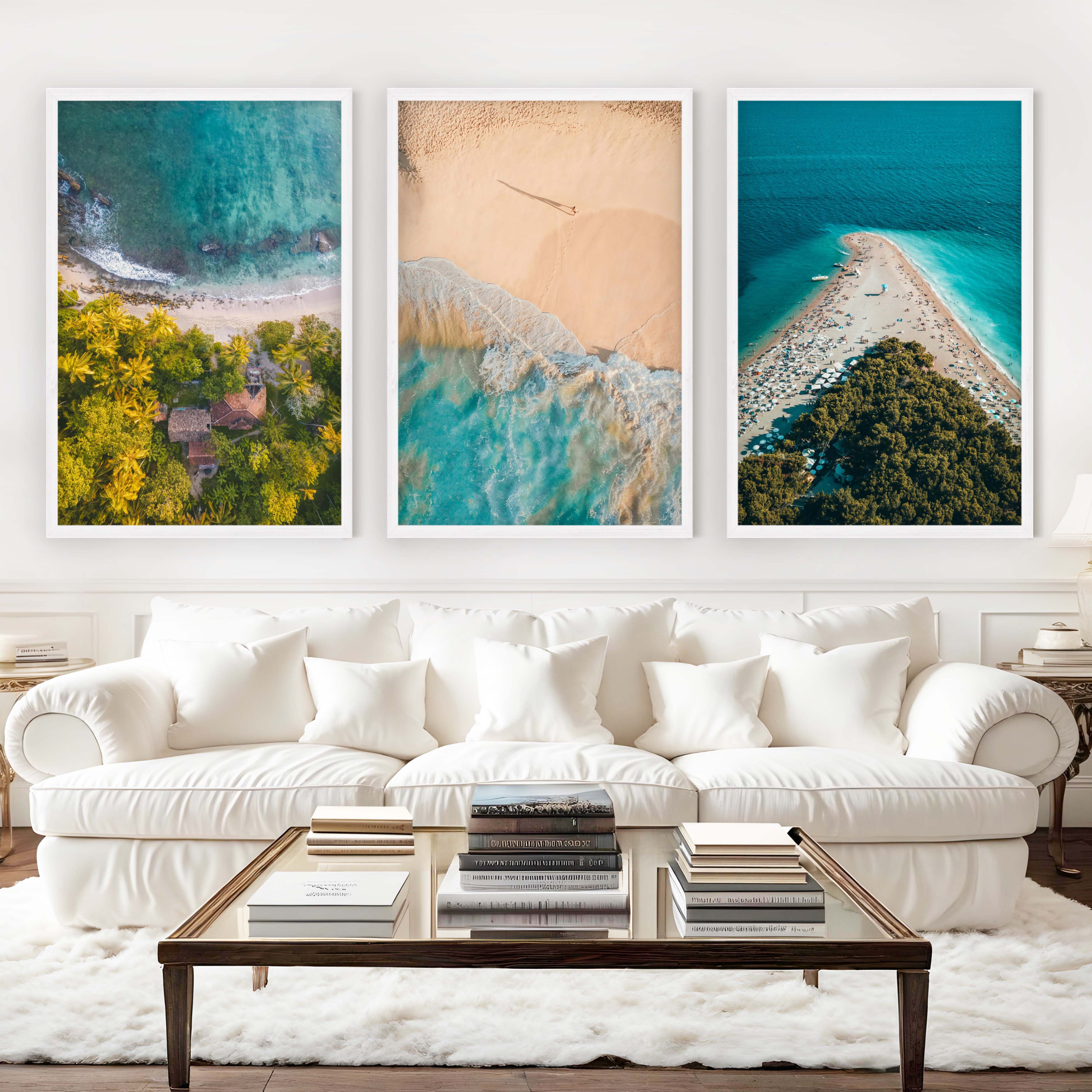 Aerial Coastal Wall Art Set – Ocean, Trees, and Beach Patterns - White Framed Poster No Border - Artworksets
