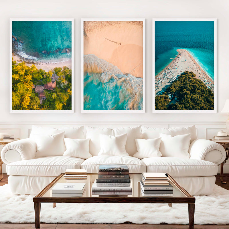 Aerial Coastal Wall Art Set – Ocean, Trees, and Beach Patterns - White Framed Poster No Border - Artworksets