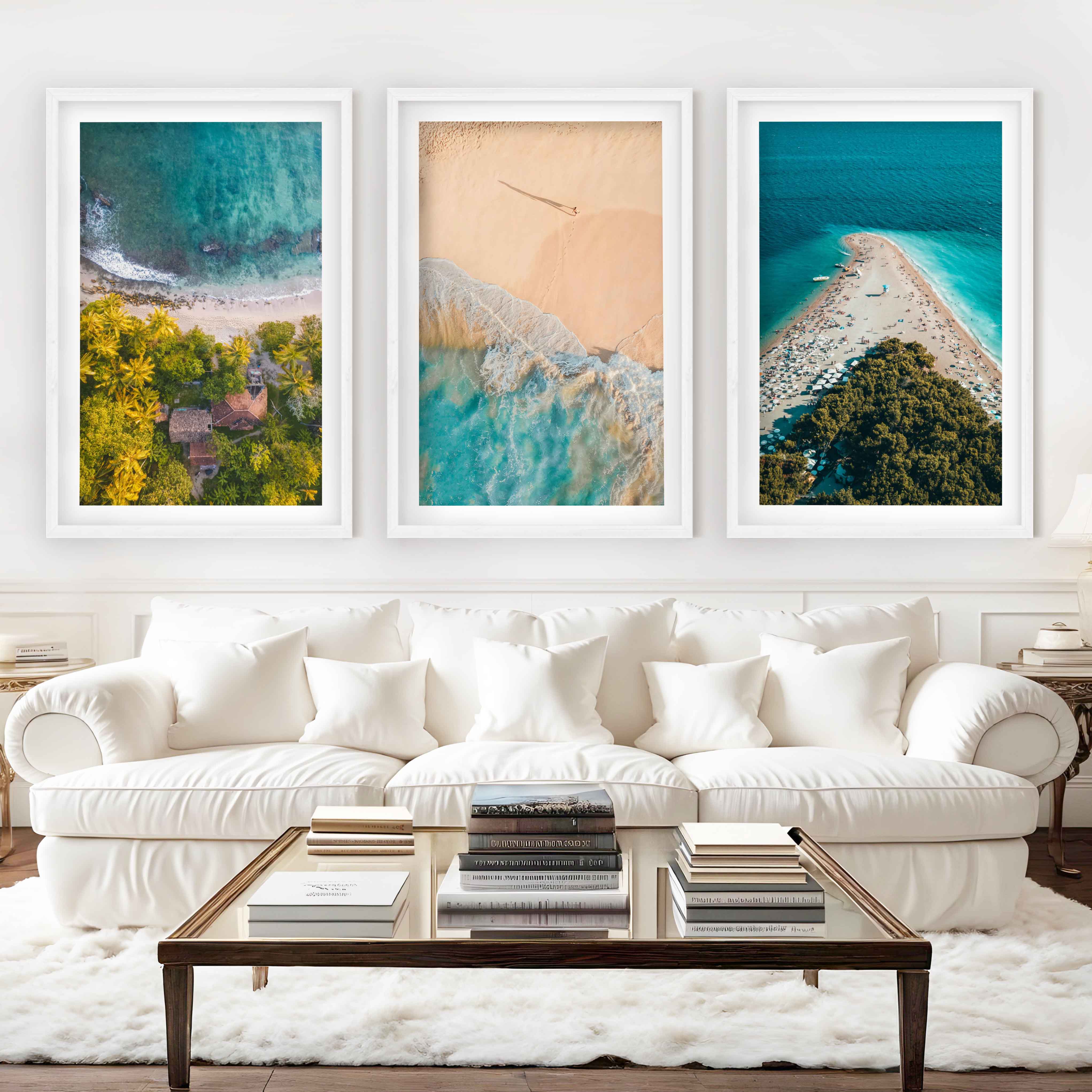 Aerial Coastal Wall Art Set – Ocean, Trees, and Beach Patterns - White Framed Poster with White Border - Artworksets
