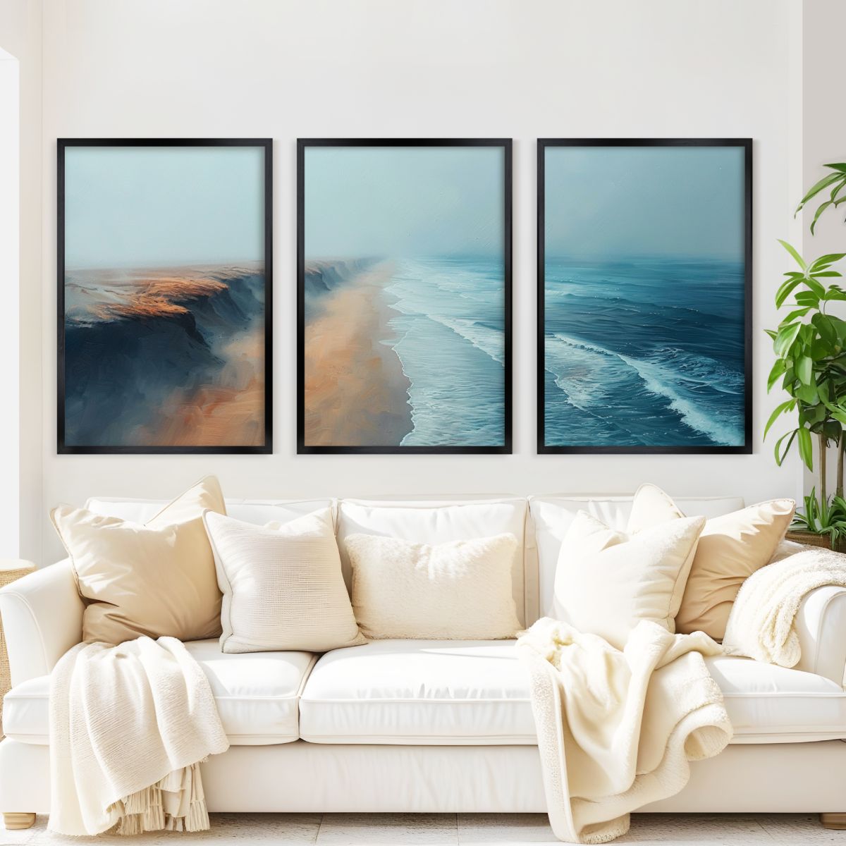 Aerial Ocean Cliff Wall Art - 3-Piece Poster Set with Boat and Sea View - Black Framed Poster No Border - Artworksets