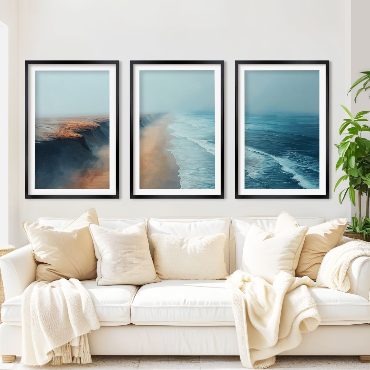 Aerial Ocean Cliff Wall Art - 3-Piece Poster Set with Boat and Sea View - Black Framed Poster with White Border - Artworksets