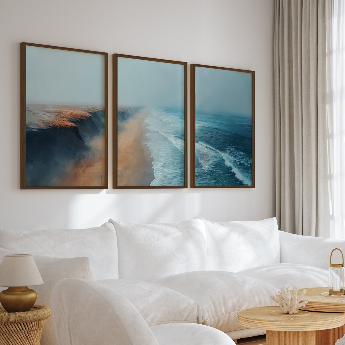Aerial Ocean Cliff Wall Art - 3-Piece Poster Set with Boat and Sea View - Dark Brown Framed Poster No Border - Artworksets