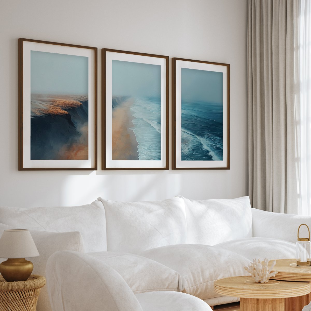 Aerial Ocean Cliff Wall Art - 3-Piece Poster Set with Boat and Sea View - Dark Brown Framed Poster with White Border - Artworksets