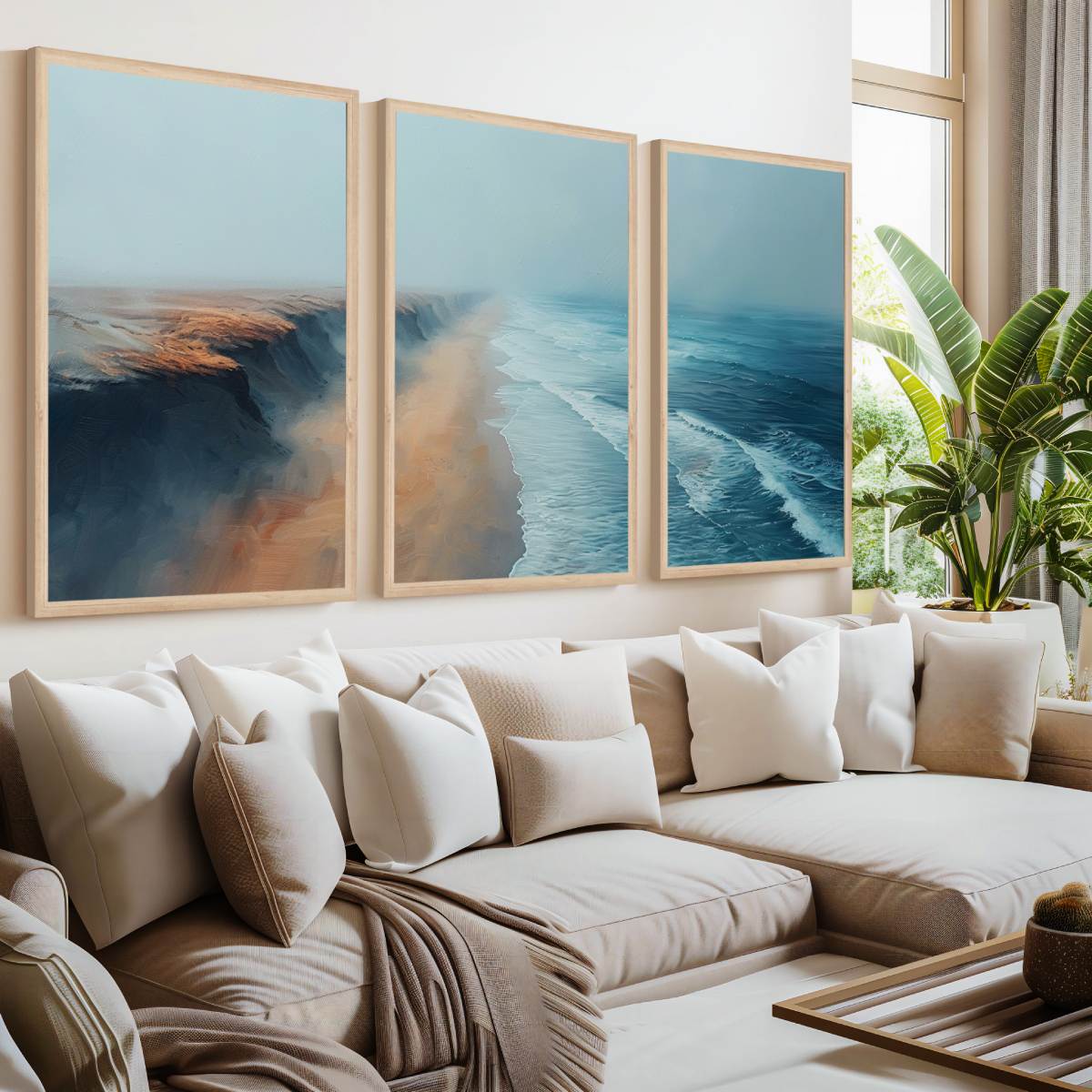 Aerial Ocean Cliff Wall Art - 3-Piece Poster Set with Boat and Sea View - Natural Wood Framed Poster No Border - Artworksets