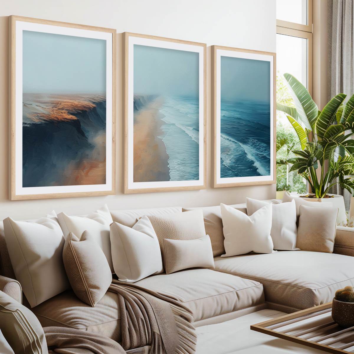 Aerial Ocean Cliff Wall Art - 3-Piece Poster Set with Boat and Sea View- Natural Wood Framed Poster with White Border - Artworksets