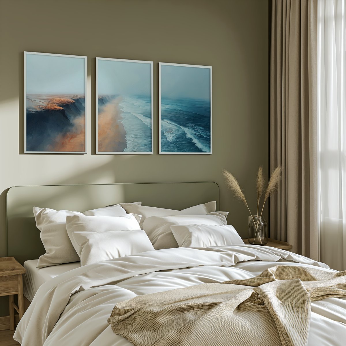 Aerial Ocean Cliff Wall Art - 3-Piece Poster Set with Boat and Sea View - White Framed Poster No Border - Artworksets