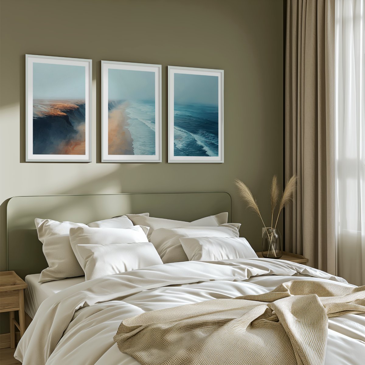 Aerial Ocean Cliff Wall Art - 3-Piece Poster Set with Boat and Sea View - White Framed Poster with White Border - Artworksets