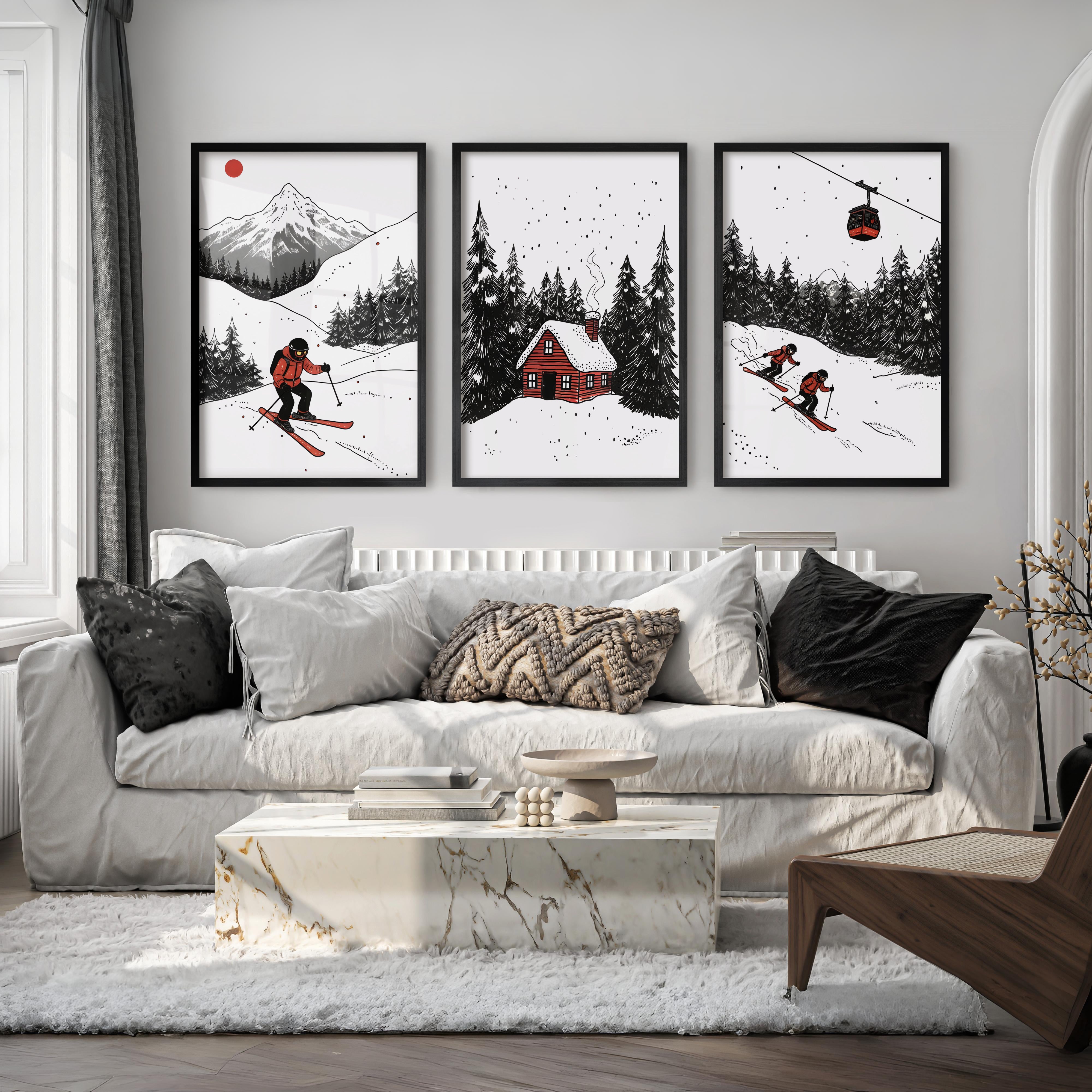 Alpine Skiing Winter Set of 3 Prints Home Wall Art - Black Framed Poster No Border - Artworksets