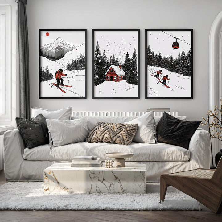 Alpine Skiing Winter Set of 3 Prints Home Wall Art - Black Framed Poster No Border - Artworksets