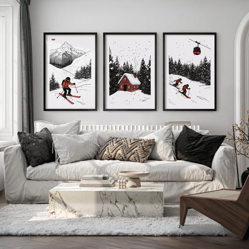 Alpine Skiing Winter Set of 3 Prints Home Wall Art - Black Framed Poster with White Border - Artworksets