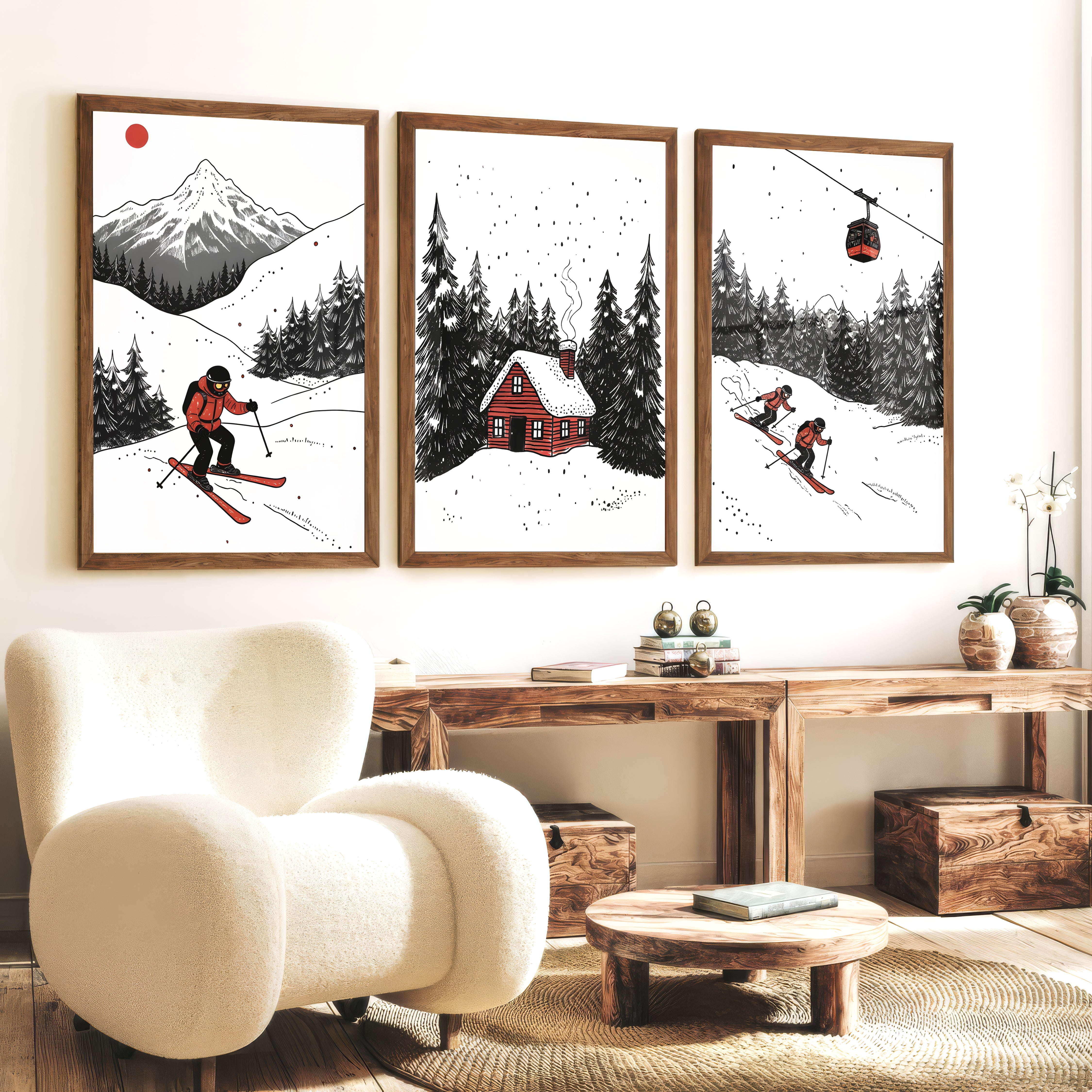 Alpine Skiing Winter Set of 3 Prints Home Wall Art - Dark Brown Framed Poster No Border - Artworksets