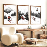 Alpine Skiing Winter Set of 3 Prints Home Wall Art - Dark Brown Framed Poster No Border - Artworksets