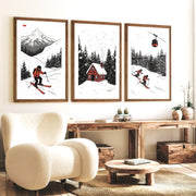 Alpine Skiing Winter Set of 3 Prints Home Wall Art - Dark Brown Framed Poster with White Border - Artworksets