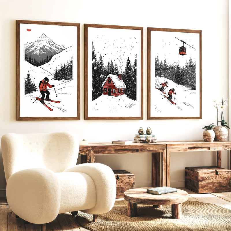 Alpine Skiing Winter Set of 3 Prints Home Wall Art - Dark Brown Framed Poster with White Border - Artworksets