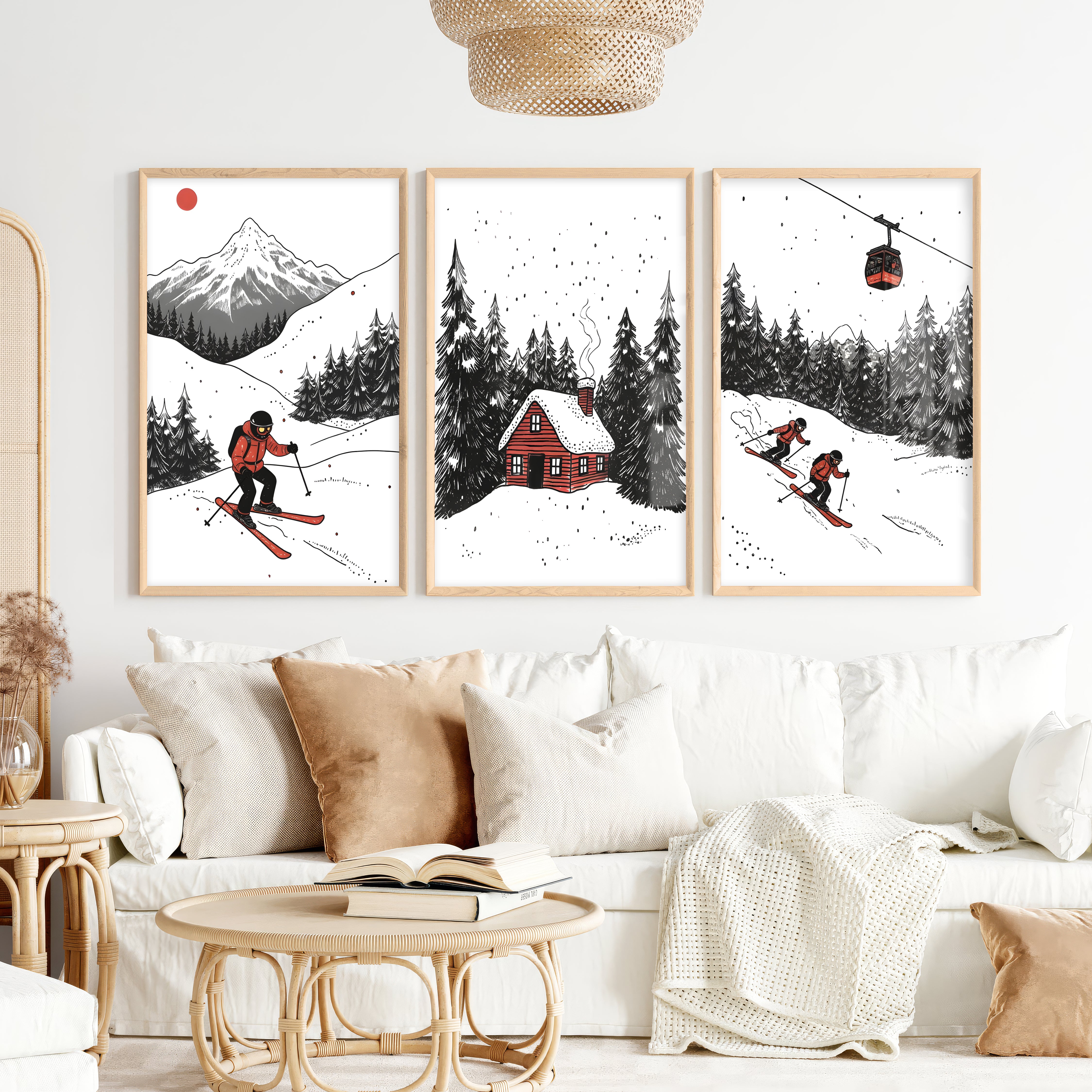 Alpine Skiing Winter Set of 3 Prints Home Wall Art - Natural Wood Framed Poster No Border - Artworksets