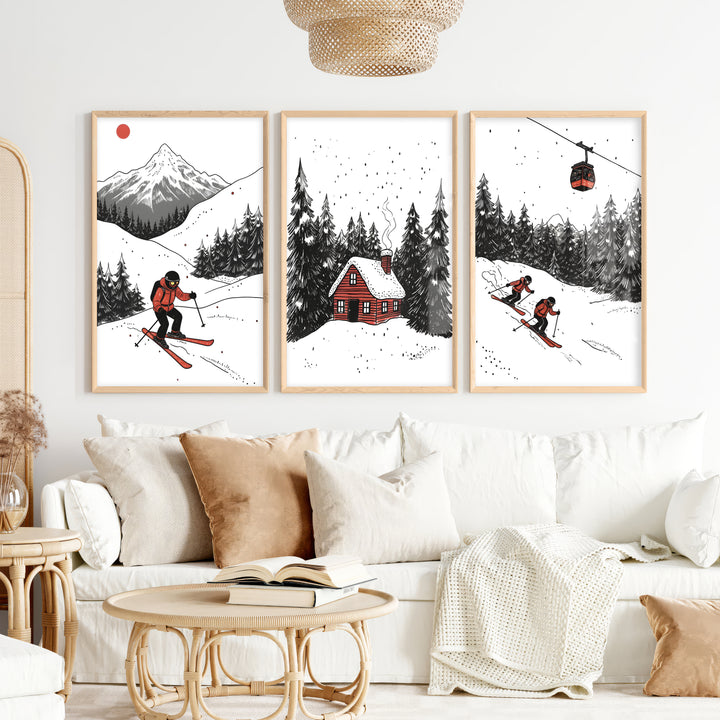 Alpine Skiing Winter Set of 3 Prints Home Wall Art - Natural Wood Framed Poster No Border - Artworksets
