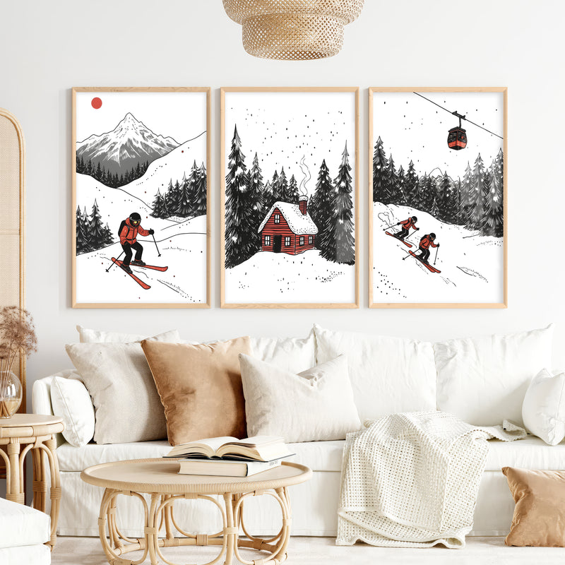 Alpine Skiing Winter Set of 3 Prints Home Wall Art - Natural Wood Framed Poster No Border - Artworksets