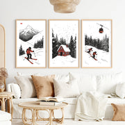Alpine Skiing Winter Set of 3 Prints Home Wall Art- Natural Wood Framed Poster with White Border - Artworksets