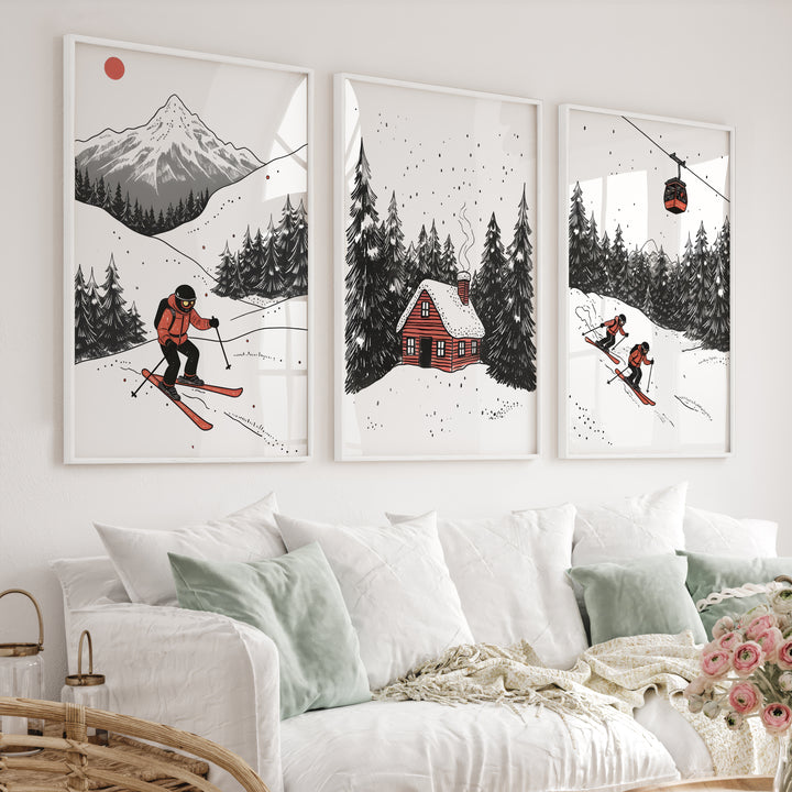 Alpine Skiing Winter Set of 3 Prints Home Wall Art - White Framed Poster No Border - Artworksets